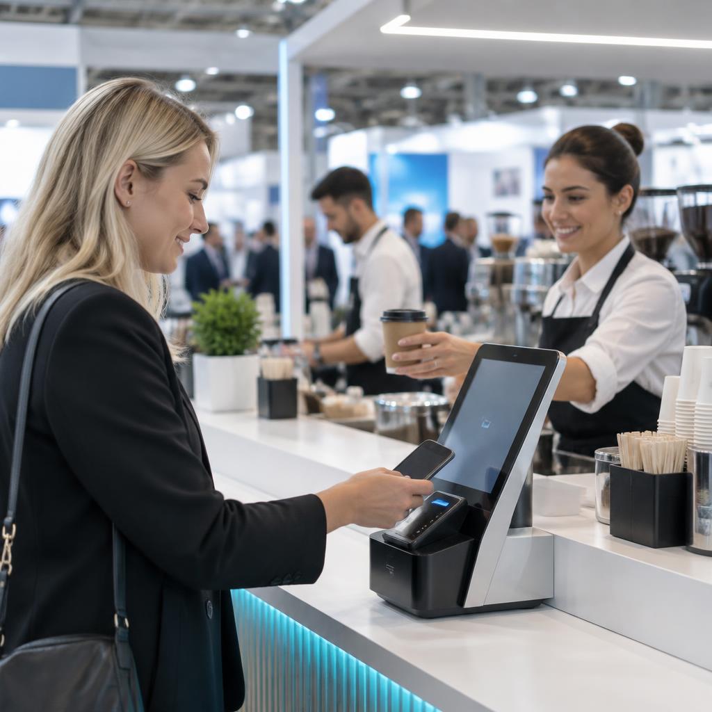 Besucherin bezahlt kontaktlos an einem Self-Order-Terminal auf einer Messe